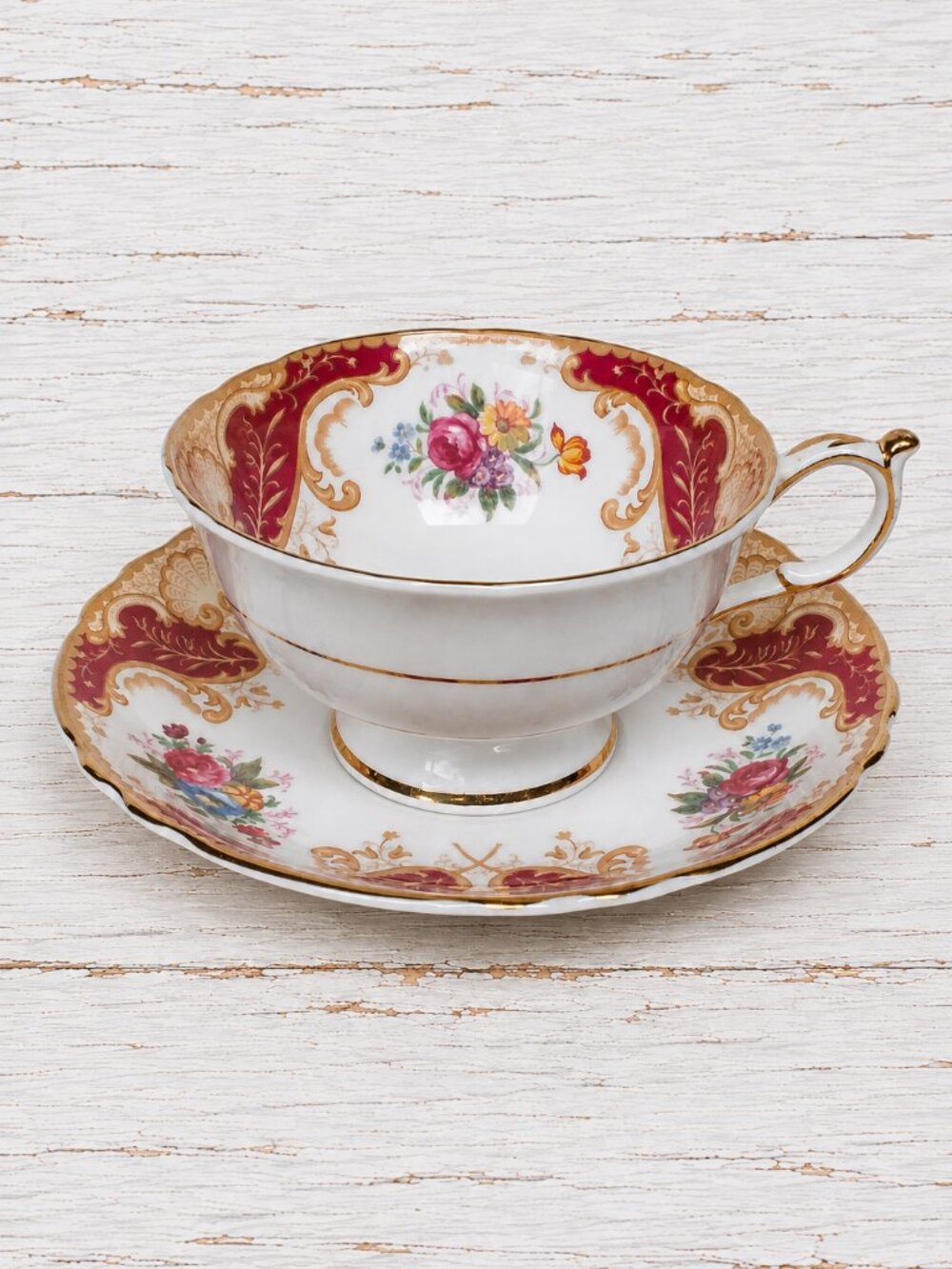 Paragon England Cheltenham Teacup Saucer Burgundy Red Floral Gold Trim